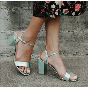 NEW Lulus 7.5 Arya Green Metallic High Heel Sandals Chunky Block Strappy Heels